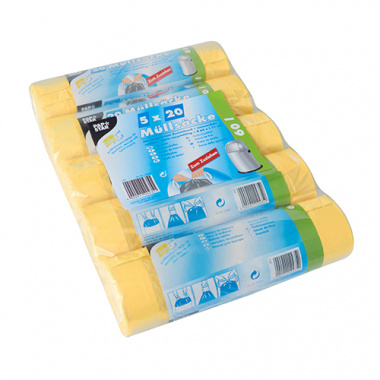 100 Müllsäcke zum Zuziehen, HDPE 60 l 71 cm x 64 cm gelb