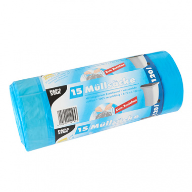 15 Müllsäcke zum Zuziehen, LDPE 120 l 100 cm x 70 cm blau