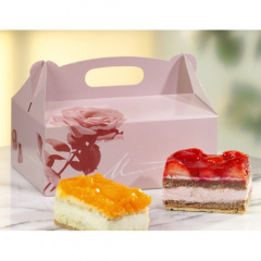15 Gebäck-Kartons, Pappe eckig 26 cm x 22 cm x 9 cm rosé mit Tragegriff